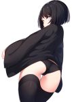  1girl ass bangs black_hair black_jacket black_legwear black_panties blue_eyes blush commentary_request covered_mouth highres jacket looking_at_viewer looking_back open_clothes open_jacket original panties short_hair simple_background solo thigh-highs tsunekichi underwear white_background 