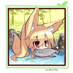  1girl animal animal_ears bangs blonde_hair blush_stickers chibi dated day eyebrows_visible_through_hair fish fish_in_mouth fox_ears fox_girl fox_tail hair_between_eyes high_ponytail long_hair looking_at_viewer mouth_hold original outdoors partially_submerged ponytail red_eyes solo tail translation_request tree very_long_hair water wet wet_hair x_x yuuji_(yukimimi) 