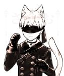  1boy :3 animal_ears black_gloves blindfold cat_ears cat_tail catboy choker commentary facing_viewer gloves kaafi kemonomimi_mode male_focus nier_(series) nier_automata paw_pose simple_background solo tail upper_body watermark white_background white_hair yorha_no._9_type_s 