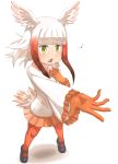  absurdres bangs bird_tail bird_wings commentary_request eyebrows_visible_through_hair frilled_sleeves frills fur_collar gloves hand_on_own_chest highres japanese_crested_ibis_(kemono_friends) kemono_friends long_sleeves multicolored_hair music musical_note open_mouth outstretched_hand singing skirt tenya wings 