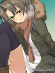  1girl black_legwear blue_background blush brown_footwear brown_scarf coat fur-trimmed_coat fur_trim green_eyes green_hair green_jacket jacket kantai_collection looking_at_viewer pout ribbed_sweater simple_background solo sweater thigh-highs twintails twitter_username white_sweater youmou_usagi zuikaku_(kantai_collection) 