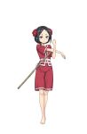  1girl barefoot black_eyes black_hair flower full_body hair_flower hair_ornament highres looking_at_viewer official_art princess_principal princess_principal_game_of_mission short_hair smile solo standing stick stretch toudou_chise transparent_background 