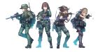  4girls absurdres aiming assault_rifle backpack backwards_hat bag baseball_cap beretta_93r black_soldier blue_eyes boonie_hat boots brown_hair carabiner casing_ejection commentary_request english eotech field_radio fingerless_gloves firing glasses gloves gun handgun hat headset highres knee_pads load_bearing_vest military military_operator military_uniform multiple_girls original patch pistol ponytail red_eyes reflex_sight remington_acr rifle shell_casing short_hair silver_hair simple_background snap-fit_buckle suppressor translation_request trigger_discipline uniform vertical_foregrip weapon weapon_request white_background 