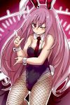  1girl ;( ameyu_(rapon) animal_ears bare_arms bare_shoulders blush blush_stickers breasts bunny_tail bunnysuit cleavage finger_gun fishnet_pantyhose fishnets frown highres large_breasts long_hair looking_at_viewer pantyhose pink_hair rabbit_ears red_eyes reisen_udongein_inaba solo sweat tail thick_eyebrows touhou v-shaped_eyebrows very_long_hair wrist_cuffs 