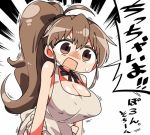  1girl ahoge apron bangs black_neckwear bow bowtie breasts brown_apron brown_eyes brown_hair cleavage collarbone commentary_request eyebrows_visible_through_hair hair_between_eyes high_ponytail kanikama large_breasts long_hair looking_at_viewer lowres naked_apron open_mouth ponytail solo sweat taneshima_popura translation_request very_long_hair working!! 