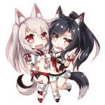  2girls :d animal_ears azur_lane black_hair braid breasts chibi claw_pose cleavage collarbone commentary_request fangs highres koda long_hair looking_at_viewer multiple_girls nail_polish navel open_mouth orange_eyes pleated_skirt ponytail red_eyes school_uniform serafuku shigure_(azur_lane) silver_hair simple_background single_braid skirt smile standing standing_on_one_leg stuffed_wolf tail tattoo two_side_up under_boob wolf_ears wolf_tail wrist_cuffs wristband yuudachi_(azur_lane) 