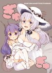  ahoge azur_lane bare_shoulders breasts choker cleavage commentary_request cover cover_page doujin_cover dress elbow_gloves gloves grey_eyes hair_bun hat long_hair looking_at_viewer mofumoffua off-shoulder_dress off_shoulder one_side_up purple_hair silver_hair stuffed_animal stuffed_pegasus stuffed_toy stuffed_unicorn sun_hat tri_tails unicorn_(azur_lane) violet_eyes white_dress white_gloves white_legwear 