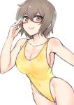  1girl breasts brown_eyes brown_hair cleavage cowboy_shot glasses hai_(h81908190) highleg highleg_leotard highleg_swimsuit large_breasts leotard looking_at_viewer medium_breasts original short_hair simple_background solo swimsuit white_background yellow_leotard yellow_swimsuit 
