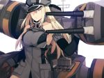  1girl bare_shoulders bismarck_(kantai_collection) blonde_hair blue_eyes breasts brown_gloves detached_sleeves gloves hat kantai_collection long_hair machinery manakannn military military_hat military_uniform peaked_cap turrets uniform 