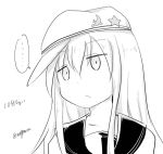  ... 1girl empty_eyes eyebrows_visible_through_hair greyscale hair_between_eyes hammer_and_sickle hat hibiki_(kantai_collection) kantai_collection long_hair looking_at_viewer monochrome sailor_collar sailor_shirt shirt spoken_ellipsis taurine_8000mg translation_request twitter_username verniy_(kantai_collection) 