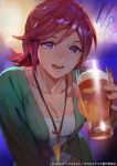  1girl alcohol beer blue_eyes breasts close-up jewelry kaname_buccaneer leaning_forward macross macross_delta medium_breasts mita_chisato official_art pendant redhead short_hair smile 