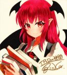  bangs black_wings book closed_mouth eyebrows_visible_through_hair head_wings holding holding_book koakuma long_hair looking_at_viewer qqqrinkappp red_eyes redhead sidelocks signature smile touhou traditional_media upper_body wings 