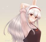  1girl anna_(sennen_sensou_aigis) apron arm_behind_head arm_up hairband long_hair looking_at_viewer red_eyes sennen_sensou_aigis simple_background solo ten_(tentojidon) twitter_username upper_body very_long_hair white_hair 