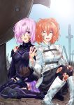 2girls absurdres after_battle bleeding blood boots bruise closed_eyes dirty fate/grand_order fate_(series) fujimaru_ritsuka_(female) hair_over_one_eye hand_holding highres injury lavender_hair mana_(tsurubeji) mash_kyrielight multiple_girls open_mouth orange_hair smile sunlight sword torn_clothes weapon 
