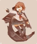  1girl anchor anchor_symbol armor artist_name black_legwear blue_sailor_collar blush brown_hair collarbone commentary eyebrows_visible_through_hair fang full_body hair_between_eyes hair_ornament hairclip ikazuchi_(kantai_collection) ina_(1813576) kantai_collection loafers long_sleeves machinery neckerchief open_mouth pleated_skirt pointing red_neckwear rigging sailor_collar school_uniform serafuku shoes short_hair simple_background skirt smile solo thigh-highs torpedo torpedo_tubes v-shaped_eyebrows weapon 
