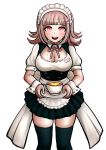  1girl alternate_costume black_legwear blush breasts brown_hair cleavage coffee_cup dangan_ronpa enmaided hair_ornament hairpin highres komatsuzaki_rui_(style) kurokku-tokei large_breasts looking_at_viewer maid maid_headdress mole mole_on_breast nanami_chiaki open_mouth pink_eyes short_hair skirt smile solo standing super_dangan_ronpa_2 thigh-highs 