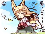  1girl :&lt; =_= animal_ears bangs blonde_hair blue_sky blush_stickers chibi closed_eyes clouds day eyebrows_visible_through_hair fox_ears fox_girl fox_tail hair_between_eyes japanese_clothes kitsune leaves_in_wind long_hair miko multiple_tails on_rock original outdoors parted_lips rock sidelocks sitting sky sleeping tail translation_request triangle_mouth very_long_hair wind yuuji_(yukimimi) zzz 