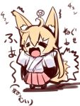  1girl =_= animal_ears bangs blonde_hair chibi closed_eyes fox_ears fox_girl fox_tail full_body hair_between_eyes hakama japanese_clothes long_hair long_sleeves miko open_mouth original outstretched_arms pink_hakama sketch solo standing tail translation_request very_long_hair wavy_mouth white_background wide_sleeves yuuji_(yukimimi) 