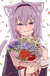  1girl absurdres ahoge animal_ears blush bouquet cat_ears cat_girl cat_tail chun_1234567 confetti grin hairband highres hololive looking_at_viewer nekomata_okayu purple_hair short_hair simple_background smile solo tail violet_eyes virtual_youtuber white_background 