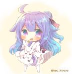  1girl :d azur_lane chibi commentary_request doll_hug dress hair_bun kouu_hiyoyo long_hair looking_at_viewer one_side_up open_mouth purple_hair side_bun simple_background smile solo stuffed_animal stuffed_pegasus stuffed_toy stuffed_unicorn unicorn_(azur_lane) white_dress white_legwear 