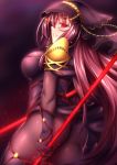  1girl :d ass black_hair black_legwear blood blood_splatter bodysuit fate/grand_order fate_(series) fi-san headwear highres holding long_hair looking_at_viewer looking_back open_mouth pantyhose parted_lips polearm red_eyes scathach_(fate/grand_order) simple_background skin_tight smile solo weapon 