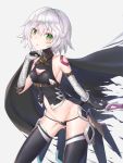  1girl arm_wrap armlet bare_shoulders black_gloves black_legwear black_panties cape chestnut_mouth cowboy_shot cropped_vest elbow_gloves fate/apocrypha fate_(series) gloves gluteal_fold green_eyes halterneck head_tilt highres holding holding_weapon jack_the_ripper_(fate/apocrypha) leaning_forward looking_at_viewer lowleg panties short_hair shoulder_tattoo single_glove sleeveless standing sword tattoo thigh-highs thighs tokikouhime underwear weapon white_hair 