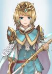  1girl armor blood blue_eyes fire_emblem fire_emblem_heroes fjorm_(fire_emblem_heroes) holding holding_weapon looking_at_viewer pauldrons simple_background smile solo weapon 