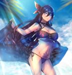  1girl bikini black_hair blue_eyes blue_sky breasts clouds day groin highres large_breasts moe_(hamhamham) navel outdoors personification pink_hair pointy_hair pokemon salazzle side-tie_bikini sky smile solo sunlight swimsuit tattoo 
