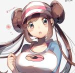  1girl :o ? blue_eyes blush breasts brown_hair double_bun hair_bun large_breasts looking_at_viewer low_twintails mei_(pokemon) open_mouth pokemon pokemon_(game) pokemon_bw2 solo thought_bubble twintails upper_body visor_cap 