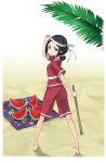  barefoot beach black_eyes black_hair blindfold_removed floral_print food fruit full_body highres looking_at_viewer looking_back outdoors princess_principal princess_principal_game_of_mission red_shorts sand short_hair short_ponytail shorts smile standing stick toudou_chise towel watermelon 