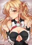  1girl bare_shoulders blonde_hair braid breasts breath cleavage_cutout corset french_braid highres kantai_collection large_breasts lips long_hair lying remodel_(kantai_collection) sazamiso_rx shirt solo tears twitter_username white_shirt zara_(kantai_collection) 