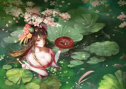  1girl absurdres breasts cleavage flower hair_flower hair_ornament highres large_breasts looking_at_viewer meoten_caizi mermaid monster_girl onmyoji partially_submerged shouzu_(onmyoji) water_surface 