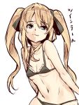  1girl bangs bare_arms bare_shoulders bikini black_bikini black_bow blonde_hair blue_eyes bow breasts closed_mouth collarbone eyebrows_visible_through_hair hair_between_eyes hair_bow long_hair looking_away navel original sidelocks simple_background sketch small_breasts solo swimsuit translated twintails very_long_hair white_background yuuji_(yukimimi) 