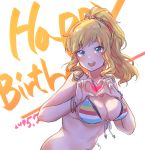  1girl :d aningay blonde_hair blue_eyes blush breasts cleavage dated front-tie_bikini front-tie_top hair_ornament hair_scrunchie happy_birthday heart heart_hands highres idolmaster idolmaster_cinderella_girls large_breasts long_hair ootsuki_yui open_mouth ponytail scrunchie smile solo striped_bikini_top 