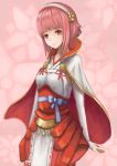  1girl bob_cut fire_emblem fire_emblem_if japanese_clothes looking_at_viewer pink_hair red_eyes sakura_(fire_emblem_if) simple_background smile solo 