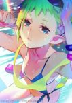  1girl bare_shoulders bikini breasts close-up flat_chest green_eyes green_hair macross macross_delta mita_chisato official_art pointy_ears reina_prowler short_hair small_breasts swimsuit wet 