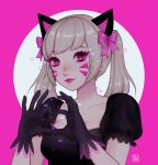  1girl animal_ears artist_logo artist_name black_cat_d.va black_dress black_gloves blonde_hair bow breasts cat_ears closed_mouth commentary d.va_(overwatch) dress facepaint gloves heart heart-shaped_pupils heart_hands looking_at_viewer medium_breasts overwatch pink_background pink_bow pink_eyes pink_lips puffy_short_sleeves puffy_sleeves shari_cote shiny shiny_hair short_sleeves solo symbol-shaped_pupils twintails upper_body violet_eyes whisker_markings 
