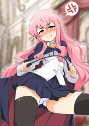  1girl black_legwear blush cape flat_chest highres long_hair looking_at_viewer looking_down louise_francoise_le_blanc_de_la_valliere momio panties pantyshot pink_eyes pink_hair thigh-highs underwear upskirt wand zero_no_tsukaima zettai_ryouiki 