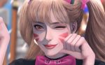  1girl artist_name black_dress blonde_hair bow bowtie d.va_(overwatch) dress earrings facial_mark hairband jewelry looking_at_viewer one_eye_closed overwatch paw_pose portrait red_eyes twintails 