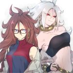 android_21 blue_eyes brown_hair dragon_ball dragon_ball_fighterz earrings glasses highres jewelry long_hair majin_android_21 nmz_(namazu) pink_skirt red_eyes signature skirt strapless tubetop white_hair
