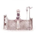  .flow 1girl amichiinyan barefoot bed intravenous_drip messy_hair muted_color red_eyes sabitsuki short_hair sick sitting skirt sleeveless sleeveless_turtleneck solo turtleneck white_background white_hair 