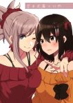  2girls ;) arm_around_neck bangs bare_shoulders blue_eyes blush bra_strap breasts brown_hair closed_mouth collarbone crossover earrings eyebrows_visible_through_hair fate/grand_order fate_(series) frown hair_between_eyes hair_ornament hair_ribbon hair_scrunchie hairpin hand_on_own_chest hand_up jewelry kantai_collection long_sleeves medium_breasts miyamoto_musashi_(fate/grand_order) multiple_girls off-shoulder_sweater one_eye_closed orange_sweater pink_hair red_ribbon red_sweater ribbon rinto_(rint_rnt) sakura_ayane scrunchie seiyuu_connection sendai_(kantai_collection) simple_background smile sweater swept_bangs two_side_up upper_body v white_background 