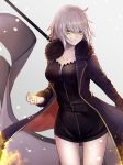  1girl absurdres ahoge bangs black_dress black_jacket breasts closed_mouth collarbone commentary_request cowboy_shot dress fate/apocrypha fate/grand_order fate_(series) fur-trimmed_sleeves fur_collar fur_trim gluteal_fold grey_background hair_between_eyes highres jacket jeanne_d&#039;arc_(alter)_(fate) jeanne_d&#039;arc_(fate)_(all) long_sleeves medium_breasts open_clothes open_jacket short_hair silver_hair simple_background solo yellow_eyes yukihama 