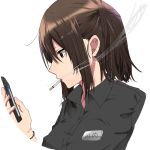  alternate_costume black_shirt brown_eyes brown_hair cellphone character_name cigarette collared_shirt hair_between_eyes holding holding_phone kantai_collection looking_at_phone mouth_hold name_tag phone profile rinto_(rint_rnt) sendai_(kantai_collection) shirt short_hair sidelocks simple_background smartphone smoke smoking twintails upper_body white_background wing_collar wristband 