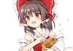  &gt;:d 1girl :d bangs bare_shoulders beans blouse blush bow chocolate_hair detached_sleeves eyebrows_visible_through_hair frilled_shirt_collar frills hair_bow hair_tubes hakurei_reimu large_bow looking_past_viewer open_mouth red_eyes sarashi setsubun smile solo touhou v-shaped_eyebrows yururi_nano 