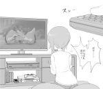  1girl bandage beating bird boko_(girls_und_panzer) controller girls_und_panzer henyaan_(oreizm) monochrome nishizumi_miho penguin remote_control translation_request watching_television 