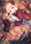  1girl autumn autumn_leaves belt blonde_hair blurry book boots capelet depth_of_field dress hair_ornament highres horns leaf leather leather_boots long_skirt long_sleeves low_twintails maple_leaf messy_hair momiji_manjuu_(usagiblackmore) original sheep_girl sheep_horns short_hair skirt solo thick_eyebrows twintails 