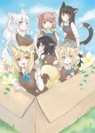  6+girls :d animal_ears black_hair blonde_hair blue_eyes bow bowtie box brown_hair cardboard_box cat_ears cat_tail clover commentary_request dog_ears flower four-leaf_clover fox_ears fox_tail green_eyes head_wreath highres long_hair long_sleeves looking_at_viewer multicolored_hair multiple_girls nekoya_saki open_mouth parted_lips school_uniform short_hair short_sleeves sitting sleeves_past_wrists sleeves_rolled_up smile striped_tail sweater tail two-tone_hair white_hair wreath yellow_eyes 