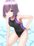 1girl 30-06 adjusting_clothes adjusting_swimsuit black_swimsuit competition_swimsuit cowboy_shot fate/grand_order fate_(series) hair_over_one_eye hand_on_own_knee highres leaning_forward looking_at_viewer mash_kyrielight one-piece_swimsuit purple_hair shielder_(fate/grand_order) short_hair solo swimsuit violet_eyes water 