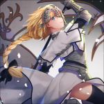 1girl armor armored_dress bangs black_bow black_legwear blonde_hair blue_eyes bow braid closed_mouth dress eyebrows_visible_through_hair fate/apocrypha fate/grand_order fate_(series) gauntlets hair_between_eyes hair_bow hakusai_(tiahszld) headpiece holding jeanne_d&#039;arc_(fate) jeanne_d&#039;arc_(fate)_(all) long_braid looking_at_viewer looking_to_the_side ponytail see-through single_braid smile solo standing standing_on_one_leg thigh-highs white_dress 
